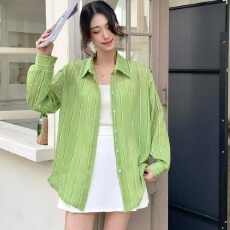 批发<b class='q'>韩版</b>夏季oversize透视装条纹衬衫原宿风长袖休闲防晒衬衣女外套潮