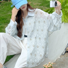 批发韩版夏季宽松提花衬衫设计感薄款花卉绣花宽松防晒衣女上衣外套潮