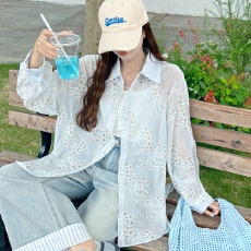 批发韩版夏季oversize星星绣花衬衫长袖宽松长袖休闲防晒衬衣女外套潮