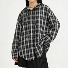 批发<b class='q'>韩版</b>夏季宽松oversize连帽格子衬衫休闲原宿风长袖防晒衬衣女外套