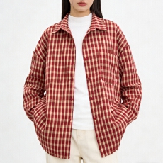 批发<b class='q'>韩版</b>oversize夏季红色格子衬衫宽松原宿风长袖休闲防晒衬衣女外套