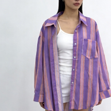 批发<b class='q'>韩版</b>夏季oversize宽松条纹衬衫原宿风长袖休闲防晒衬衣女外套潮