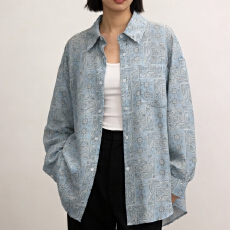 批发<b class='q'>韩版</b>夏季宽松佩斯利花纹蓝色衬衫原宿风休闲薄款防晒衣女衬衣外套