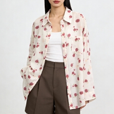 批发<b class='q'>韩版</b>夏季玫瑰花印花衬衫宽松薄款上衣防晒衣女小众长袖上衣外套潮