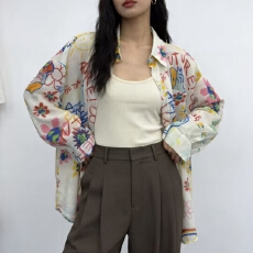 批发<b class='q'>韩版</b>夏季童趣涂鸦印花衬衫休闲棉麻衬衫原宿风上衣防晒衣女外套潮