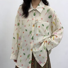 批发韩版夏季小清新蔬果印花棉麻衬衫宽松薄款长袖上衣防<b class='q'>晒衣</b>女外套<b class='q'>潮</b>