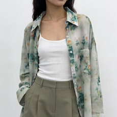 批发韩版夏季晕染花卉衬衫薄款棉麻上衣长袖防晒衣女宽松衬衣休闲<b class='q'>外套</b>