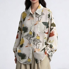 批发<b class='q'>韩版</b>春夏季植物印花衬衫棉麻薄款上衣长袖小众设计感防晒衣女外套
