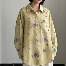 批发韩版夏季民族风印花衬衫休闲棉麻薄款长袖衬衣宽松防<b class='q'>晒衣</b>女外套<b class='q'>潮</b>