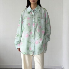 批发<b class='q'>韩版</b>夏季小清新棉麻玫瑰花印花衬衫长袖简约上衣防晒衣女宽松外套