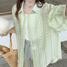 批发<b class='q'>韩版</b>夏宽松oversize提花条纹<b class='q'>衬衫</b>透视装长袖防晒<b class='q'>衬衣</b>女设计感外套