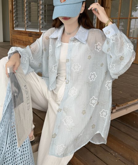 한국 스타일 oversize 여름 자카드 식물 원근법 설치 셔츠 루즈핏 긴팔 캐주얼 자외선 차단 셔츠 여성 재킷
