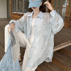 批发<b class='q'>韩版</b>oversize夏季提花植物透视装<b class='q'>衬衫</b>宽松长袖休闲防晒<b class='q'>衬衣</b>女外套