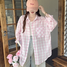 批发韩版夏季oversize<b class='q'>格子衬衫</b>原宿风长袖衬衣休闲防晒衬衣女宽松外套