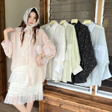 批发韩版夏薄款提花条纹<b class='q'>衬衫</b>oversize设计感防晒衣女宽松百搭上衣外套