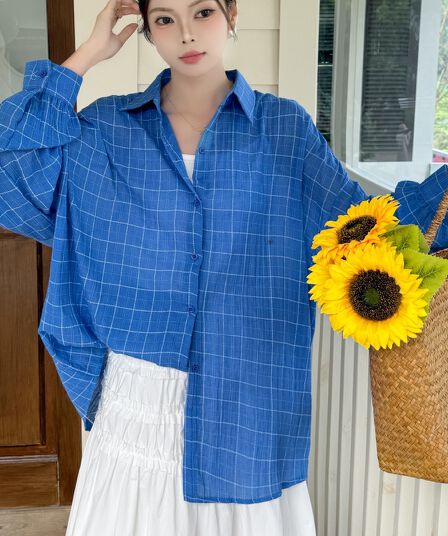 한국 스타일 oversize 여름 얇은 스타일 하라주쿠 스타일 격자 무늬 셔츠 레트로 긴팔 캐주얼 자외선 차단 셔츠 여성 재킷