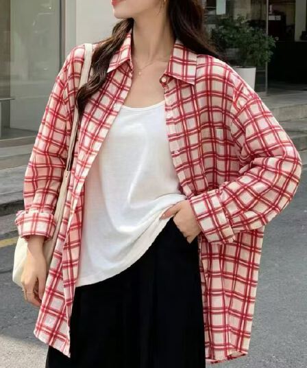 한국 스타일 여름 캐주얼 루즈핏 격자 무늬 셔츠 oversize 캐주얼 하라주쿠 스타일 자외선 차단 의류 여성 패션 재킷 트렌디