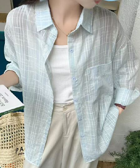 한국 스타일 여름 루즈핏 oversize 미니멀리즘 격자 무늬 셔츠 하라주쿠 스타일 긴팔 캐주얼 자외선 차단 셔츠 여성 재킷 트렌디
