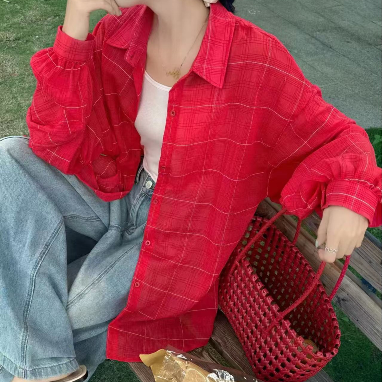 한국 스타일 여름 oversize 격자 무늬 셔츠 루즈핏 미니멀리즘 하라주쿠 스타일 긴팔 캐주얼 자외선 차단 셔츠 여성 재킷