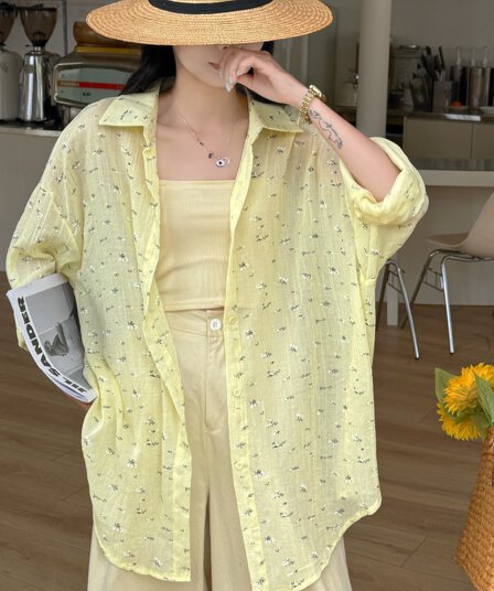 한국 스타일 여름 oversize 면사 꽃무늬 프린트 셔츠 얇은 스타일 긴팔 캐주얼 자외선 차단 셔츠 여성 미니멀리즘 재킷