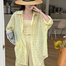 批发韩版夏oversize棉纱花卉印花<b class='q'>衬衫</b>薄款长袖休闲防晒<b class='q'>衬衣</b>女简约外套