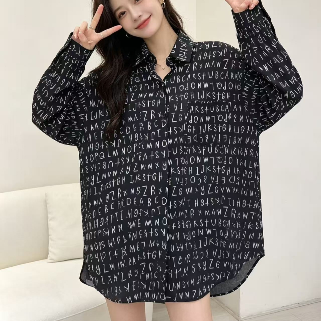 한국 스타일 여름 루즈핏 알파벳 프린트 면사 셔츠 캐주얼 하라주쿠 스타일 긴팔 미니멀리즘 자외선 차단 의류 여성 재킷 트렌디