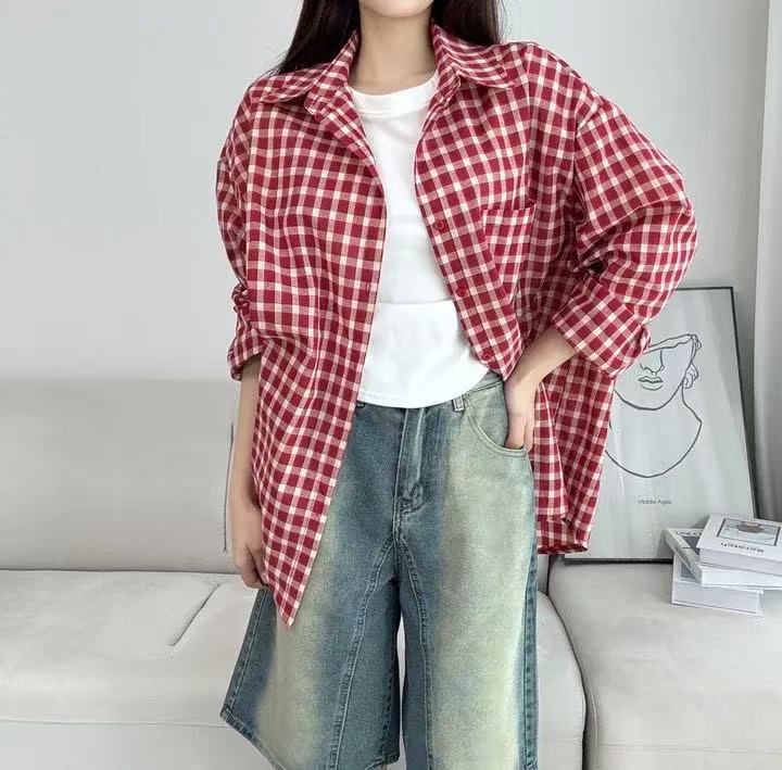 한국 스타일 여름 oversize 격자 무늬 셔츠 하라주쿠 스타일 긴팔 캐주얼 자외선 차단 셔츠 여성 미니멀리즘 레트로 재킷