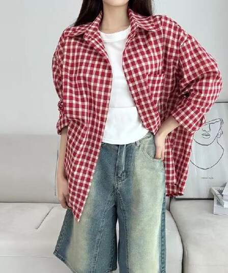 한국 스타일 여름 oversize 격자 무늬 셔츠 하라주쿠 스타일 긴팔 캐주얼 자외선 차단 셔츠 여성 미니멀리즘 레트로 재킷