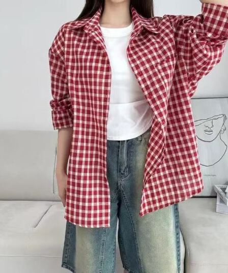 한국 스타일 가을 oversize 격자 무늬 셔츠 하라주쿠 스타일 긴팔 캐주얼 자외선 차단 셔츠 여성 미니멀리즘 레트로 재킷