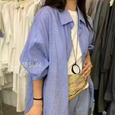 批发韩版夏季细格子棉纱衬衫休闲薄款防晒衣女简约原宿风衬衣时尚外套