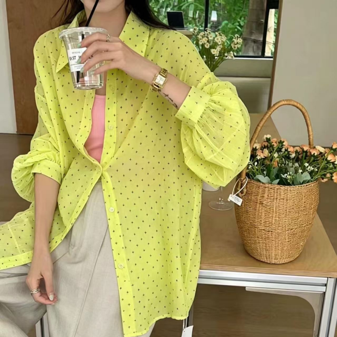 한국 스타일 여름 oversize 도지 프린트 셔츠 하라주쿠 스타일 긴팔 캐주얼 자외선 차단 셔츠 여성 재킷 트렌디