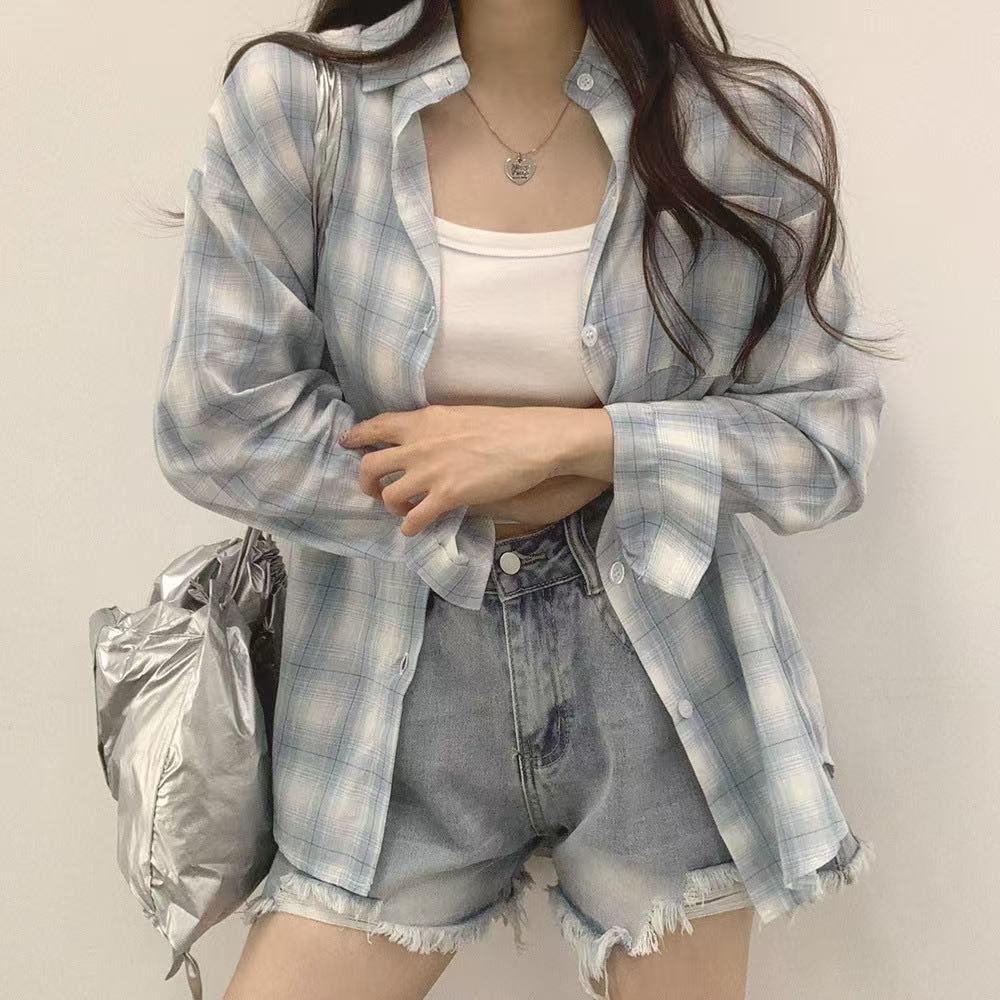 한국 스타일 여름 새로운 빅 사이즈 루즈핏 클래식 격자 무늬 셔츠 chic 셔츠 패션 다용도 자외선 차단 의류 여성 코트