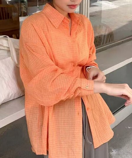 한국 스타일 여름 새로운 면사 루즈핏 클래식 격자 무늬 셔츠 chic 패션 셔츠 다용도 자외선 차단 의류 여성 코트