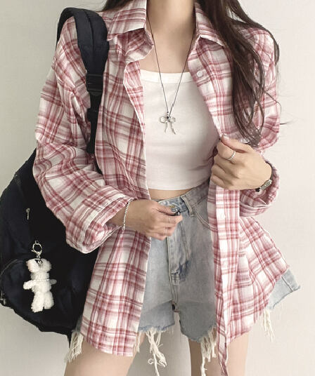 한국 스타일 여름 루즈핏 클래식 격자 무늬 셔츠 chic 패션 하라주쿠 스타일 셔츠 다용도 자외선 차단 의류 여성 코트 트렌디