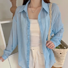 批发韩版夏花边透视衬衫百搭时尚原宿风简约休闲宽松衬衣防晒衣<b class='q'>外套</b>女