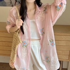 批发韩版夏设计感提花绣花休闲宽松大码衬衫原宿风百搭长袖衬衣<b class='q'>外套</b>女