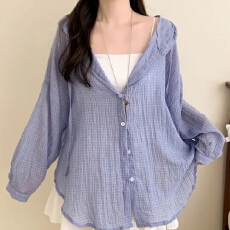 批发<b class='q'>韩版</b>夏季细格子连帽衬衫懒惰风薄款休闲长袖防晒衣上衣女外套衬衣