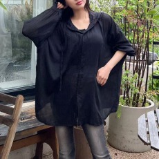 批发<b class='q'>韩版</b>夏宽松oversize衬衫原宿风长袖简约休闲防晒衬衣女设计感外套