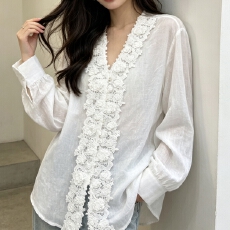 批发<b class='q'>韩版</b>夏季蕾丝边排扣衬衫时尚上衣宽松原宿风个性原宿风衬衣外套女