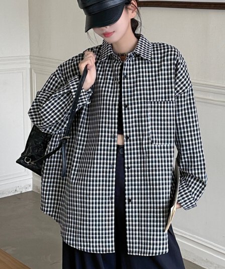 한국 스타일 가을 루즈핏 oversize 격자 무늬 셔츠 미니멀리즘 하라주쿠 스타일 긴팔 캐주얼 자외선 차단 셔츠 여성 재킷