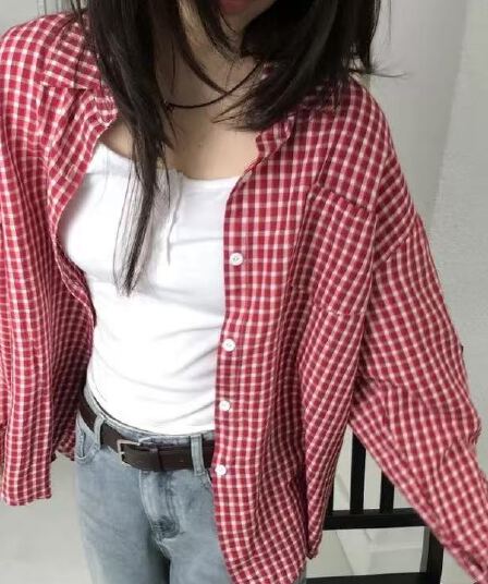 한국 스타일 가을 동대문 새로운 빨간색 격자 무늬 셔츠 루즈핏 미니멀리즘 디자인 센스 캐주얼 긴팔 맨위 여성 셔츠