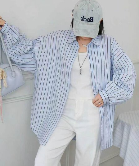 한국 스타일 가을 스트라이프 셔츠 oversize 게으른 바람 루즈핏 긴팔 긴팔 미니멀리즘 여성 디자인 센스 재킷 트렌디