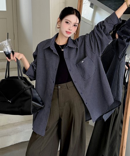 한국 스타일 가을 oversize 좋은 격자 무늬 셔츠 레트로 캐주얼 긴팔 캐주얼 셔츠 여성 게으른 바람 재킷 트렌디