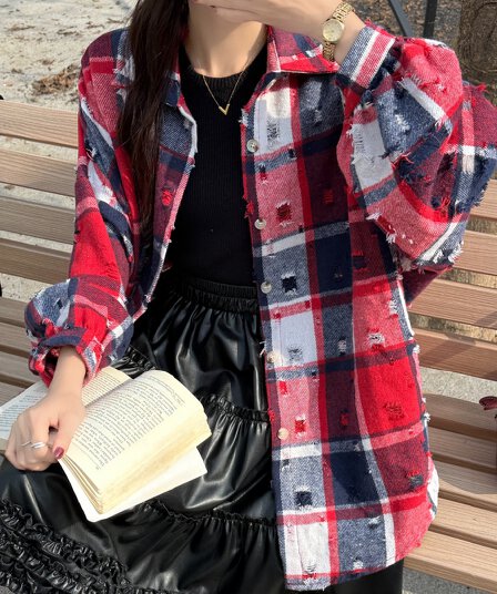 한국 스타일 봄 가을 oversize 찢어진 격자 무늬 셔츠 하라주쿠 스타일 긴팔 루즈핏 캐주얼 자외선 차단 셔츠 여성 코트