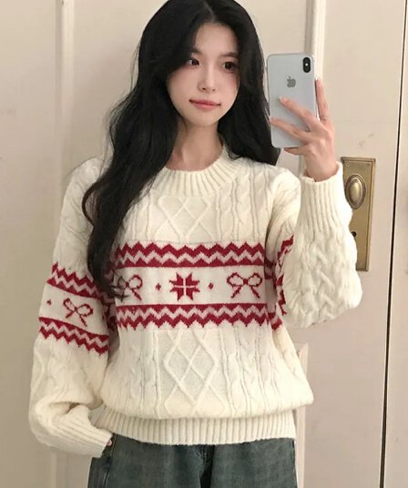 한국 스타일 가을 겨울 크리스마스 자카드 라운드 넥 루즈핏 니트 스웨터 캐주얼 기본 셔츠 게으른 바람 맨위 꽈배기 스웨터 여자