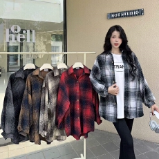 批发韩版秋季oversize满天星烫钻格子衬衫懒惰风<b class='q'>外套女</b>休闲<b class='q'>毛呢</b>衬衣潮