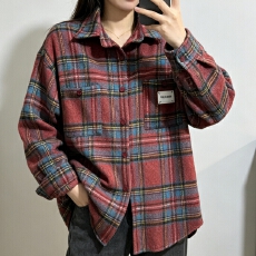 批发韩版冬季oversize贴标毛呢<b class='q'>格子衬衫</b>原宿风长袖休闲设计衬衣女外套