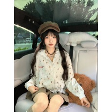 美式复古小狗满印木耳边连帽卫衣女秋冬季慵懒风百搭宽松开衫外套