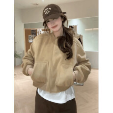 批发韩系卡其色棒球<b class='q'>服</b>毛呢外套女2025秋季新款高级感气质短款休闲夹克