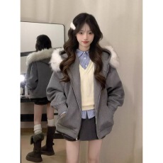 批发2026新款秋冬连帽毛领毛呢子大衣女冬季拉链卫衣<b class='q'>开衫</b>设计感外套潮